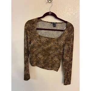 New Love Leopard Print Crop Top Brown Animal Print Square Neck Ruched Back XL